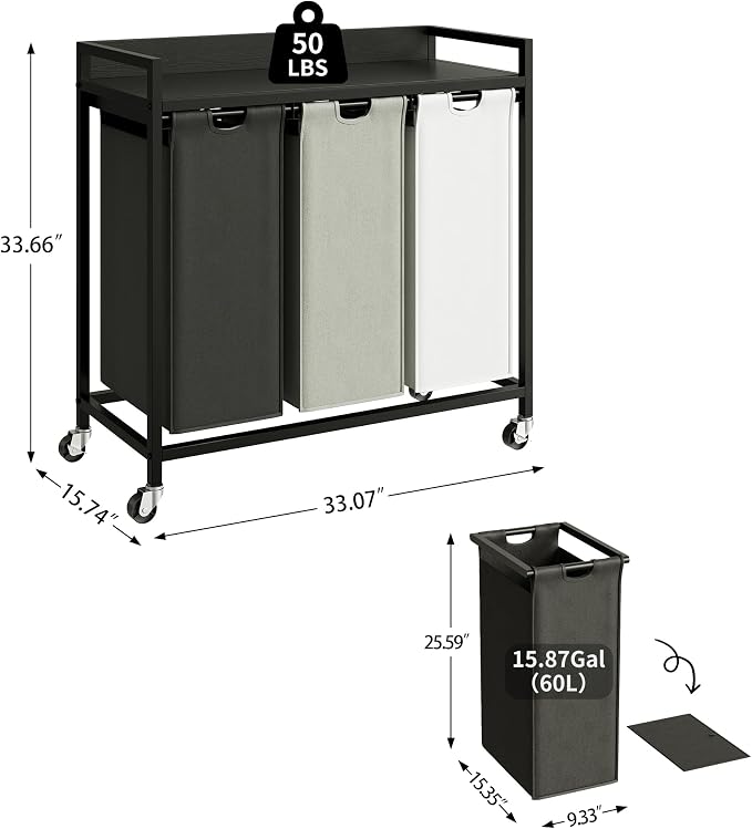 Herture Laundry Hampers with Shelf, Laundry Basket 3 Section, 3 x 15.87 Gal - Image 4