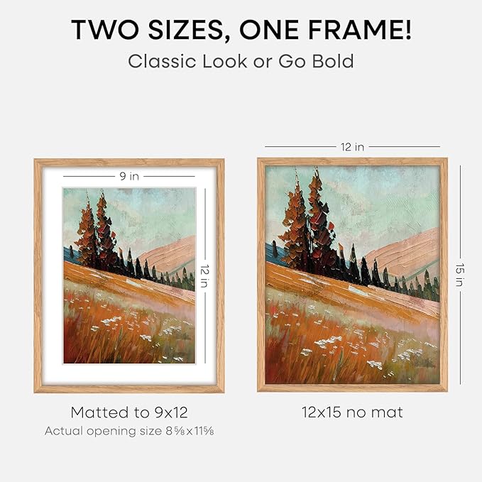 Homeforia 12x15 Wood Frame, High End Natural Oak 12x15 Light Wooden Picture Frame with Mat 9x12, 12 x 15 Poster Frames Matted to 9 by 12 Photo, 15x12 Hanging Frames, Tempered Glass, Wall Kit, Set of 2