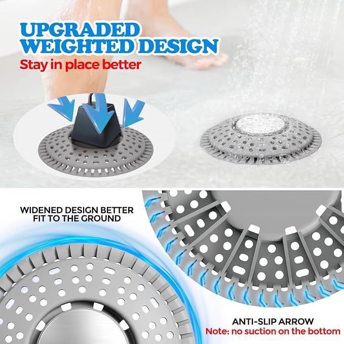 Shower Drain Hair Catcher Silicone Flat Floor Strainer Protector | 2 Pack Gray - Image 3