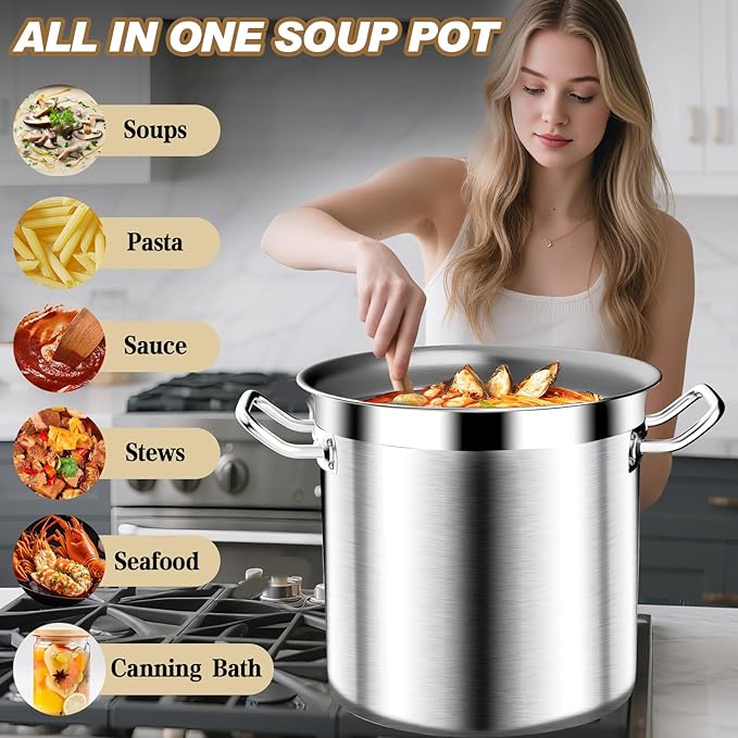 20Qt Brushed Stainless Steel Stock Pot With Lid - Large Stock Pot - Heavy Duty Induction Commercial Grade Stockpots for Soup, Stew, Oven, Gas, Ceramic, and Dishwasher Safe