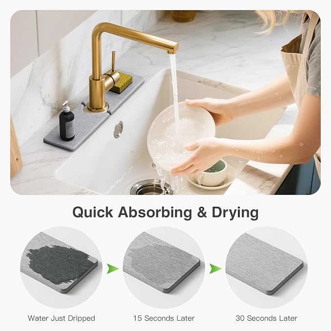 Premium Stone Faucet Mat for Kitchen Sink, 15.8" x 4" Light Gray | Quick Drying - Image 4