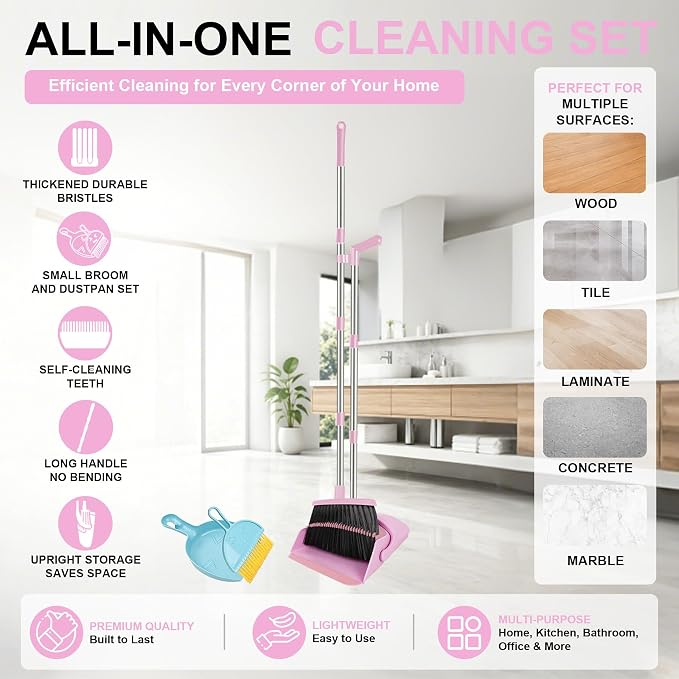 Pink Broom and Dustpan Combo Set, Kitchens & Tight Spaces, Built-in Comb Dustpan - Image 2