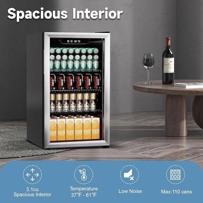 3.1 Cubic Feet Mini Fridge,110 Can Freestanding Beverage Refrigerator with Glass Front Door for Soda, Beer Under Counter Small Refrigerator with Adjustable Shelves and Digital Display(Silver)