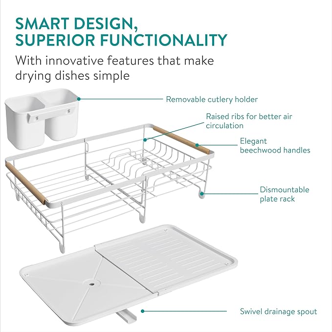 Navaris Expandable Dish Rack - Adjustable Draining Board for Drying Dishes - Removable Plates and Cutlery Holder - Kitchen Sink Washing Up Drainer with Plug and Drip Tray - White