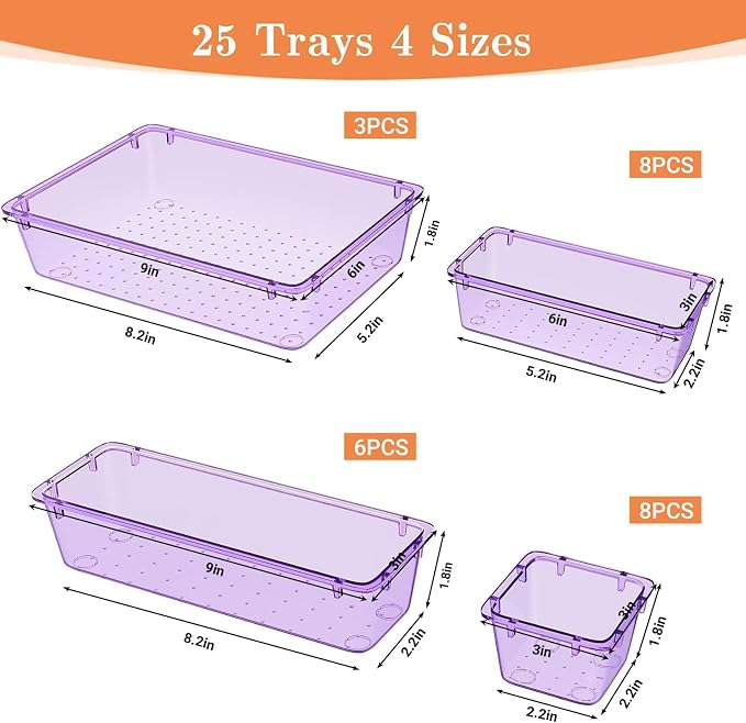 SpaceHacks 25 PCS Plastic Drawer Organizer, 4-Size Versatile Organizer Trays & - Image 2