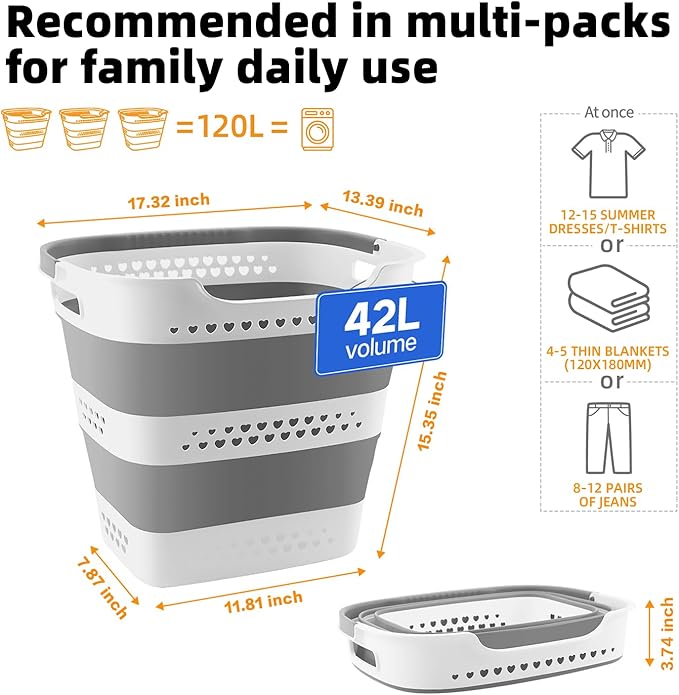 2 Pcs 42L Medium Collapsible Plastic Laundry Basket - Image 2