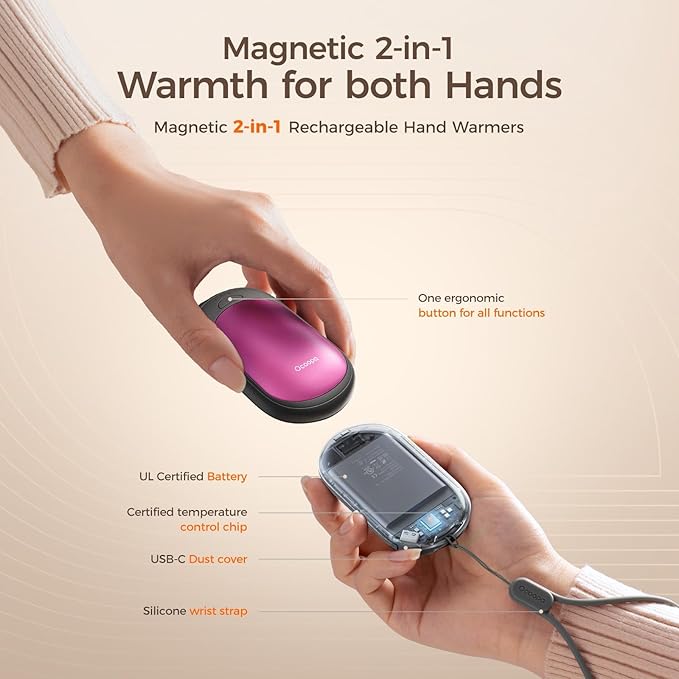 OCOOPA Magnetic Hand Warmers Rechargeable 2 Pack, UL Safety Heat 100-126°F, 3-Settings, Pocket-Sized, Max. 8 Hrs Long Lasting,Great for Raynauds, Golf, Hunting, Camping, Gifts for Men Women, UT3 Lite
