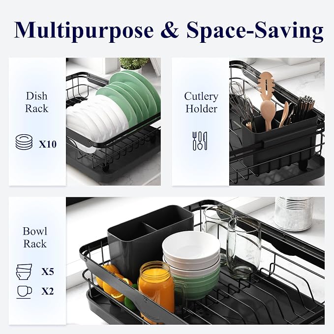 Kitsure Dish Drying Rack for Kitchen Counter, 12.2''W x 15.7''~23''L, Cutlery - Image 3