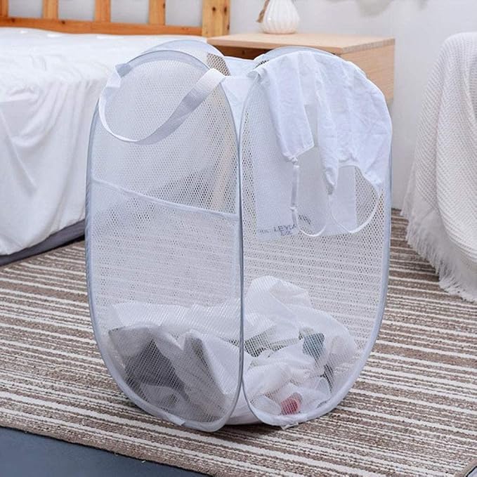 Larpur Pop Up Laundry Basket, Collapsible White Mesh Clothes Hamper Storage - Image 3
