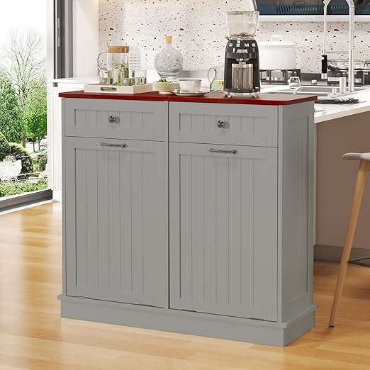 Tilt Out Trash Can Cabinet with Double Hidden Can Holder, Kitchen Free Standing Recycling Cabinet, Dog Proof, Wood, Gray