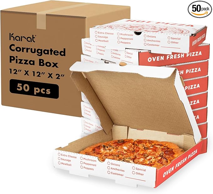 Karat Pizza Boxes 12" x 12" x 2" [50 Pack] Classic Red Print Corrugated Boxes | Ventilated, Grease-Resistant, Durable for Pizza, Catering or Shipping Use
