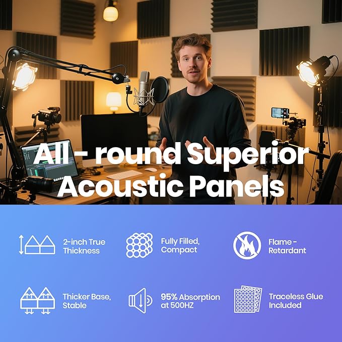 Focusound White Acoustic Panels 24 Pack 2"x12"x12" with 120 PCS Double-Side Adhesive - Sound Proof Pyramid Foam for Walls, Home Studio Noise Absorption & Echo Control Kit