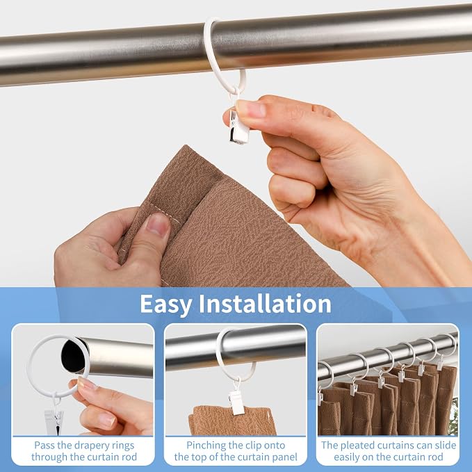 Curtain Rings with Clips, 44 Pack Metal Drapery Rings with Clips Hooks Hangers - Image 6