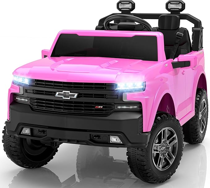 ENYOPRO 24V 2 Seater Electric Car for Kids, Licensed Chevrolet Silverado LT Trail Boss Kids Ride on Car w/Remote Control, LED Lights, Bluetooth, 90W Motor, All-Terrain Wheels, Truck Bed Storage, Pink