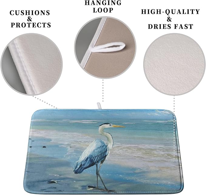 Summer Blue Dish Drying Mat for Kitchen Counter 16x18 Inch Heron Coastal Beach - Image 3
