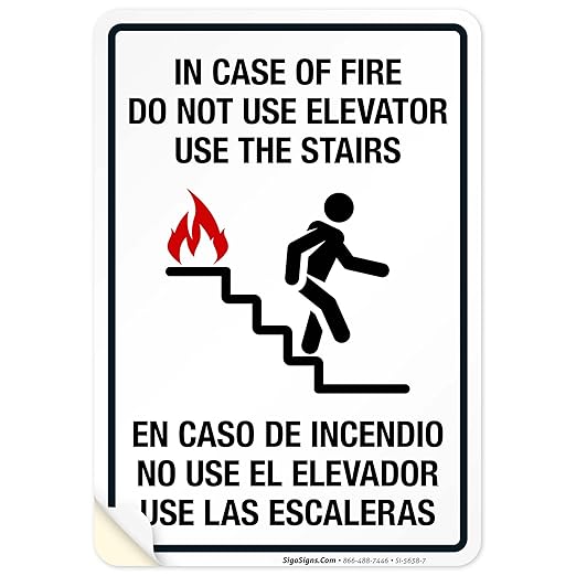 in Case of Fire Do Not Use Elevator Use The Stairs Bilingual Sign, Fire Safety Sign, 10x7 Inches, 4 Mil Vinyl Decal Stickers Weather Resistant UV Protected, Made in USA