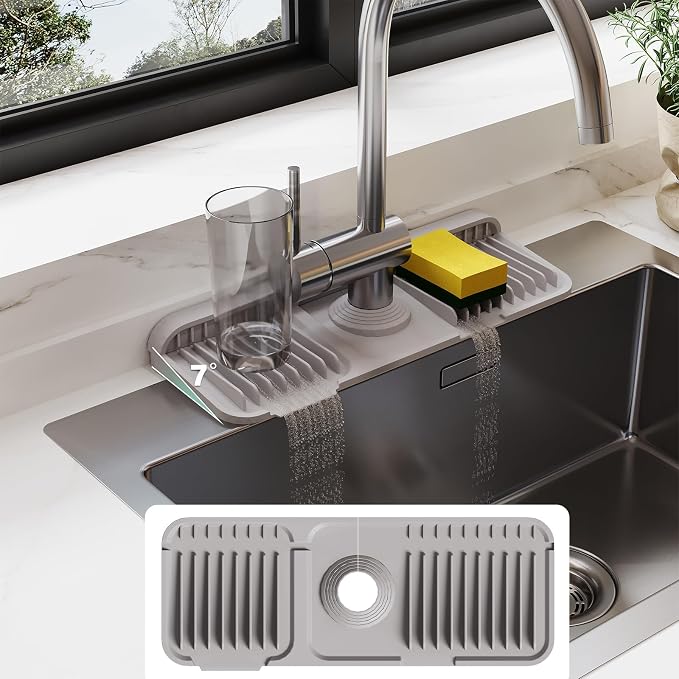 14.6-Inch Silicone Faucet Mat for Kitchen Sink Splash Guard, 7° Slope | by Doeklpo