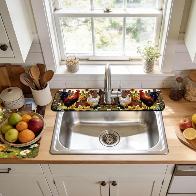 3 Pcs 2 Size Kitchen Sink Splash Guard Faucet Mat Farm Chicken Pattern Faucet - Image 6