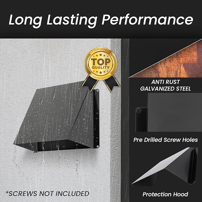 Repa Market 10 x 3 Inch Black Galvanized Steel Vent Cover - Duct Exhaust/Inlet Rain Deflector - Weatherproof Guard for Ventilation Systems/Indoor/Outdoor Vent Hood/Air Vent Grille Protection Roof