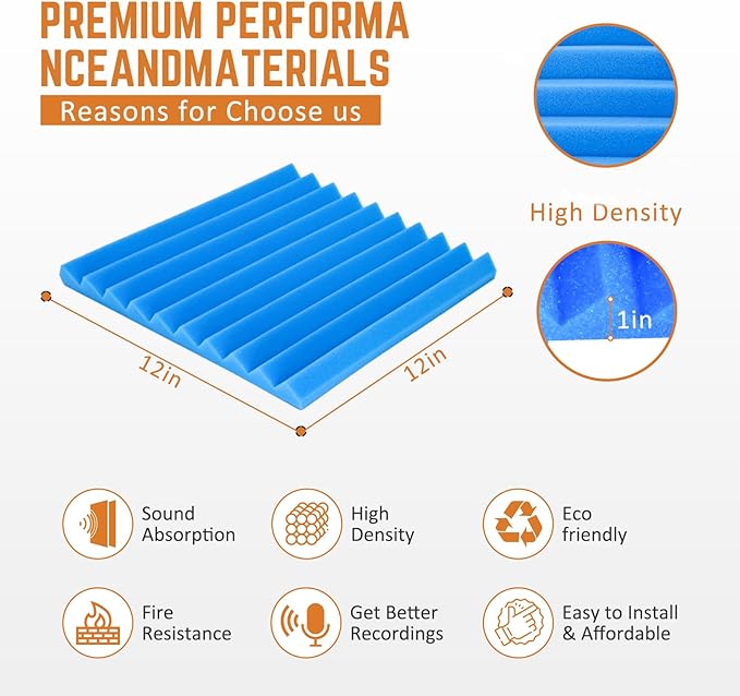12Pack Blue Acoustic Foam Panels 1" x 12"x 12" Soundproof Panels Sound Proof Foam Panels Noise Absorbing Sound Proof Acoustic Treatment Foams for Home Wedges
