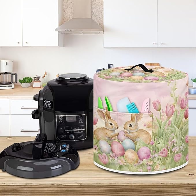 TODIYADDU Tulip Bunny Pressure Cooker Cover for 3 Quart Instant Pot Insulated Kitchen Appliance Dust Cover for Round Pressure Cooker Slow Cooker Practical Instant Pot Air Fryer Easter Decorations, L
