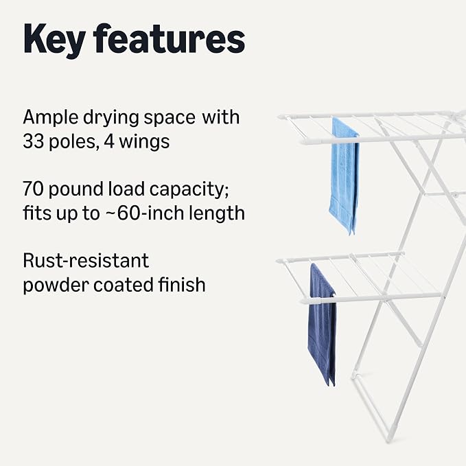 Amazon Basics Foldable Space-Saving 4-Wing Metal Clothes Drying Rack, - Image 2