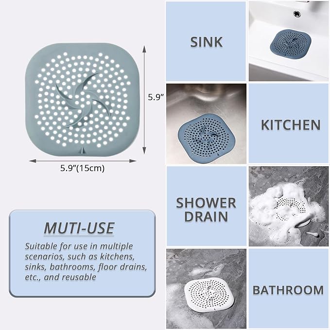 5.9" Square Drain Cover with Suction Cups, Hair Catcher, 4 Pack | - Image 2