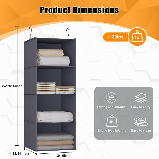 Hanging Closet Organizer 4-Shelf, Oxford Fabric Wardrobe Storage, Dark Grey | - Image 3