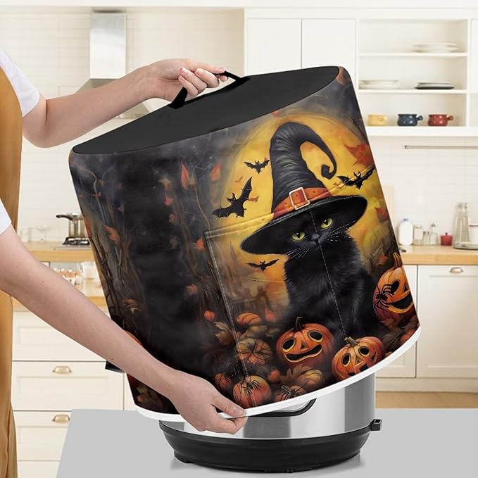 Pressure Cooker Cover for 6 Quart Air Fryer Accessories, Stain Resistant Electric Appliance Cover with Pockets for Halloween Decoration, Black Cat Witch Pumpkin