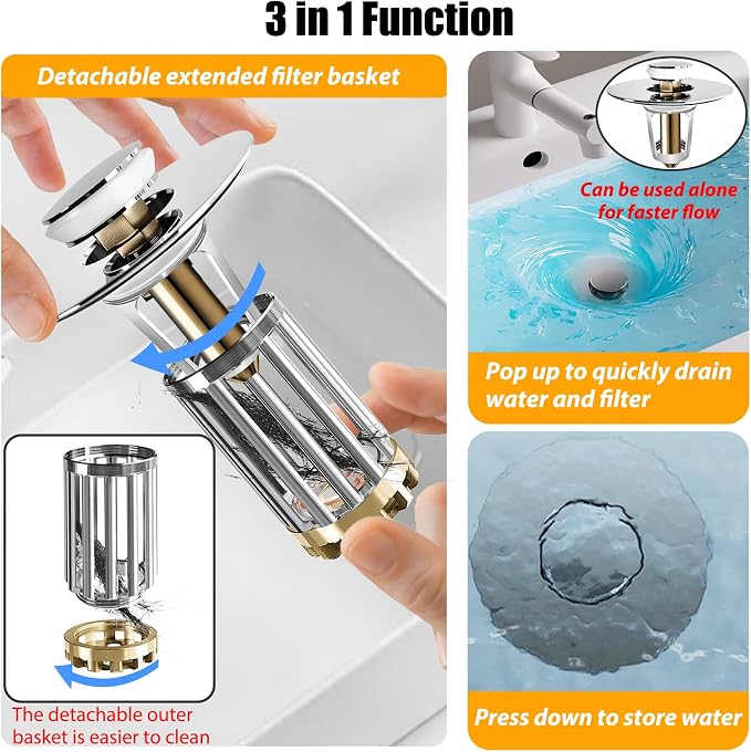 Anlige Bathroom Sink Drain Strainer, 3 in 1 Pop Up Bathroom Sink Stopper - Image 5