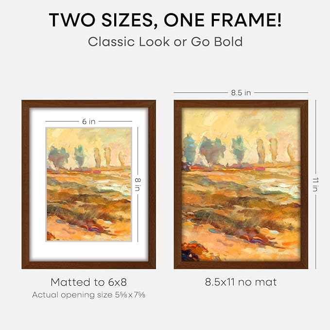 Homeforia 8.5x11 Picture Frame Brown, High End Dark Oak 8.5 x 11 Walnut Wooden Frames with Mat 6 by 8 Photo, 11x8.5 Wood Frame Matted to 6x8, Wall or Tabletop Frame, Tempered Glass, Wall Kit, Set of 2