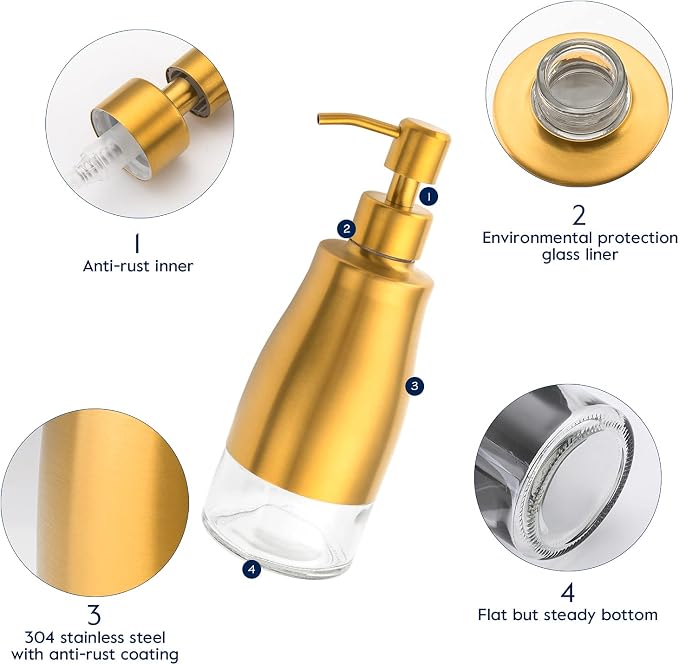 Gaussra Gold Soap Dispenser - 11 OZ / 320 ML | Brushed Gold Stainless Steel - Image 5
