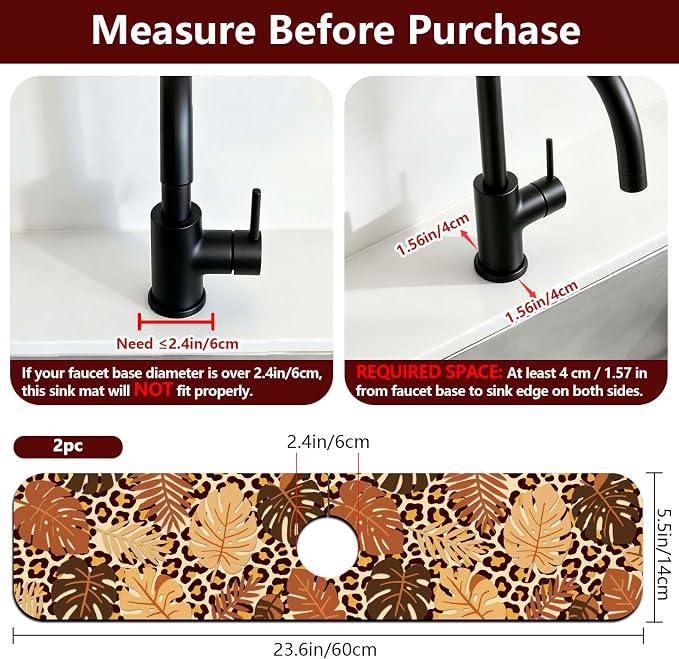 2 Pcs Kitchen Sink Splash Guard Faucet Mat Leopard Print Leaves Faucet Mat - Image 2