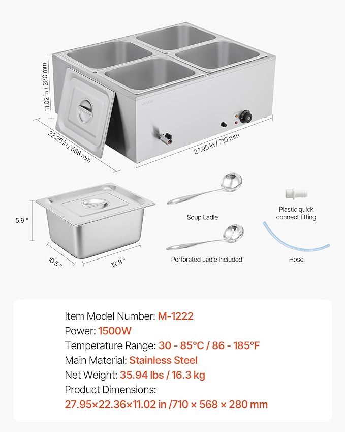 VEVOR Commercial Food Warmer, 1500W Electric Stainless Steel Steam Food Warmer with Lid, 4-Pan Fast Heating Countertop Buffet Bain Marie with Soup & Perforated Ladles, for Catering, Restaurant, Party