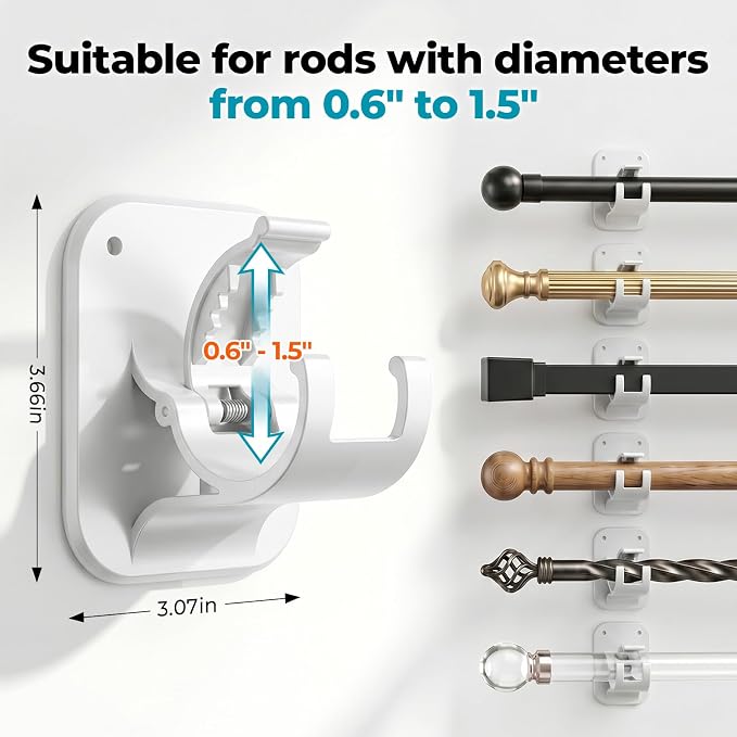 No Drill Curtain Rod Brackets-20LB, 6 Pack Self Adhesive Curtain Rod Holder | - Image 2