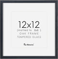 Black Picture Frame 12x12, Oak Wood Frame With Tempered Real Glass, Matted to 8x8, Square Photo Frame for Wall, 1 Pack
