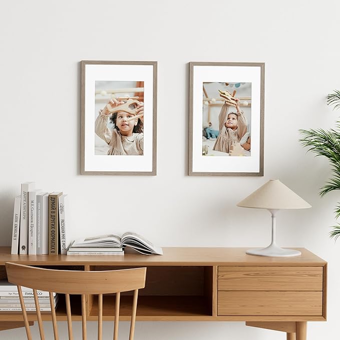 Vittanly 11x17 Picture Frame Set of 2, Solid Wood Frame for Wall Art Photo and Prints, Display Photo 8x12 with Mat or 11x17 without Mat, Light Brown
