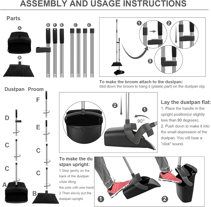Black Broom and Dustpan Combo Set, Extended Reach Design, Built-in Comb Dustpan - Image 6