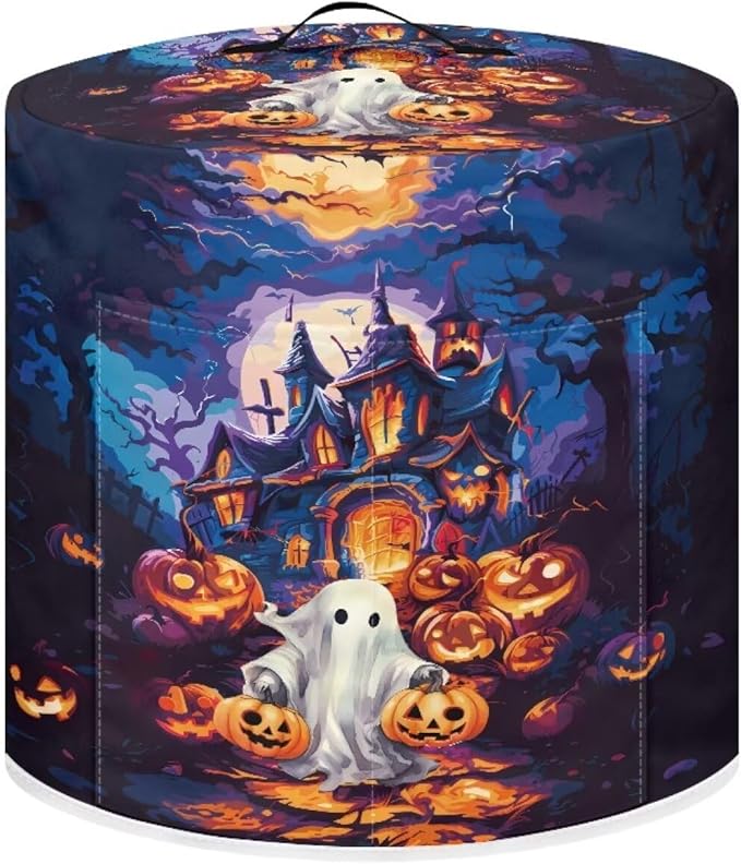 Halloween Theme Kitchen Appliance Decor 6 Quart Pressure Cooker/Air Fryer/Rick Cooker Dust Cover with Top Handle and Storage Pocket Halloween Castle Ghost Print