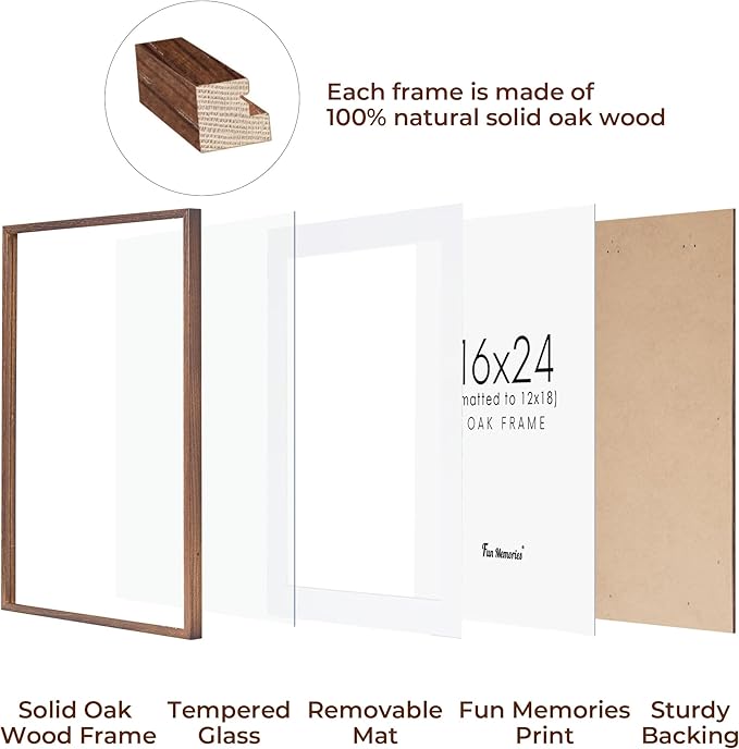 16x24 Picture Frame for Wall, Rustic Wood 16 by 24 Poster Frames, Oak Wood Picture Frame 16 x 24 with Real Glass, 12x18 Frame Matted to 16x24, Minimalist 16 x 24 Wood Frames, Walnut Color, 1 Pack