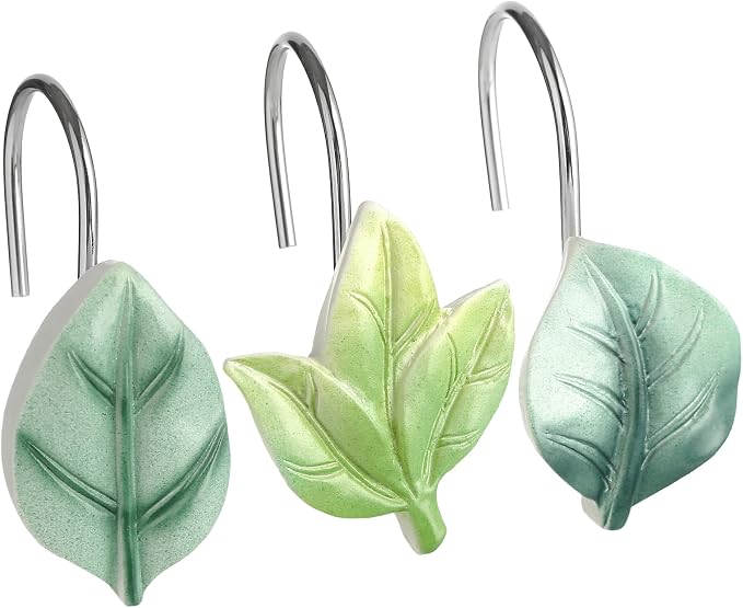 Green Plant Leaf Shower Curtain Hooks, Eucalyptus Bathroom Decor, Metal by Gibelle