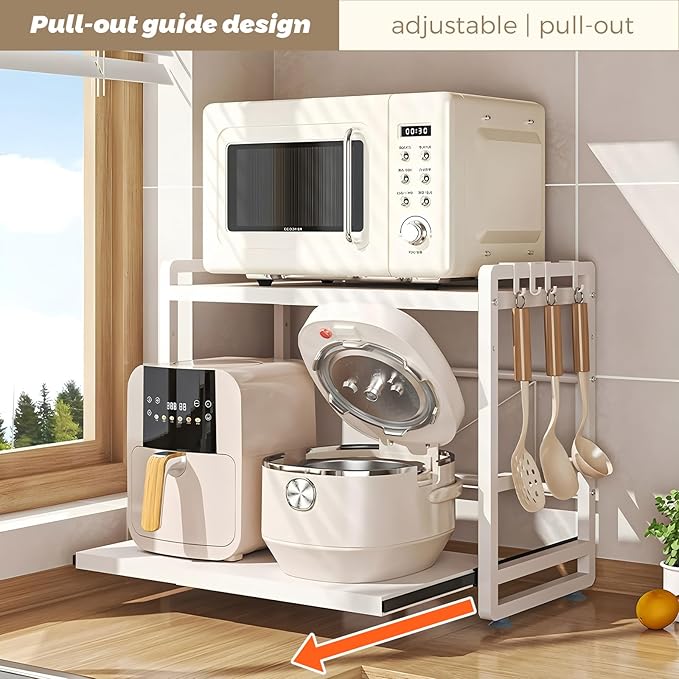 2-Tier Microwave Rack - Height Adjustable & Extendable Kitchen Shelf with Drawer - Carbon Steel - Includes Hooks & Reinforcement Suction Cups - Easy Assembly (White)