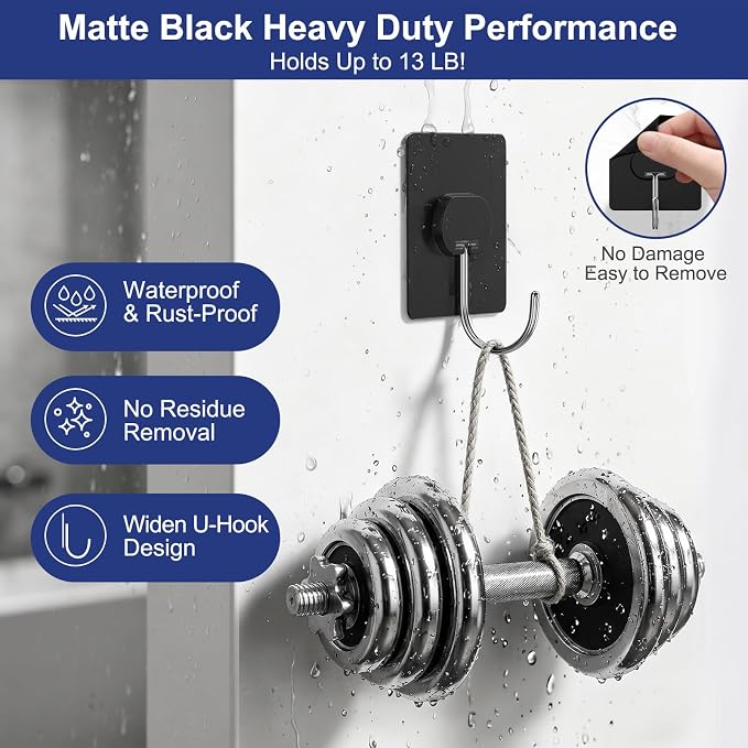 Adhesive Wall Hooks No Drill Large Black Heavy Duty, 13LB Sticky 12 Pack | - Image 2