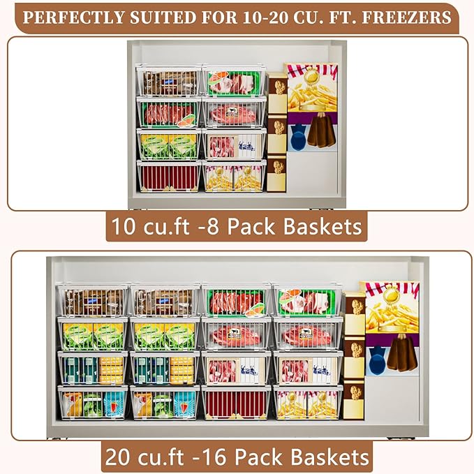 Large Freezer Organizer Bins，Upgraded Bottom Leak-Proof net，4 Pack， Expandable Stackable Chest Freezer Containers with Handle，for Fridge, Deep Freezer, Cabinet, Kitchen, Pantry (White-4Pack)