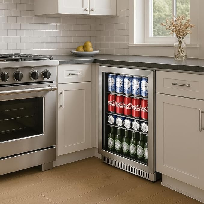 20 Inch Beverage Refrigerator Cooler,Under Counter Drink Fridge with Glass Door, Built-in or Freestanding, Quiet Compressor Cooling, 120 Can Capacity for Beer and Soda