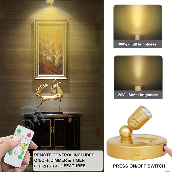 Indoor Spotlight, Battery Operated Spotlights with Remote, Picture Lights for Wall, Plant Tree Spotlight with Timer, Up Lights for Art Display Dartboard Painting Artwork Accent Frames-Gold