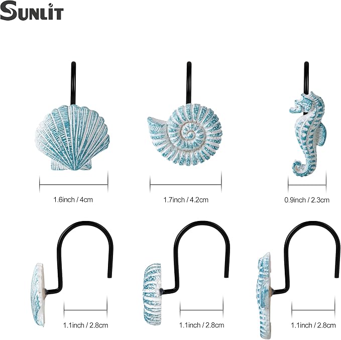 Sunlit Seashells Decorative Shower Curtain Hooks, Aqua Blue Ocean Creatures - Image 2