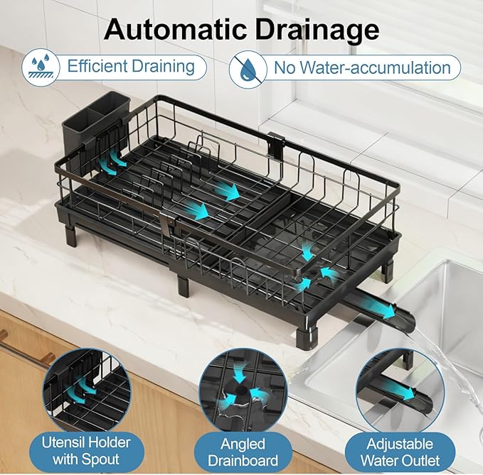 GSlife Expandable Dish Drying Rack for Kitchen Counter - Compact Rust-Resistant Dish Racks with and Cup Holder for Small Apartment, 12.2" W x 12"-19.5" L, Black
