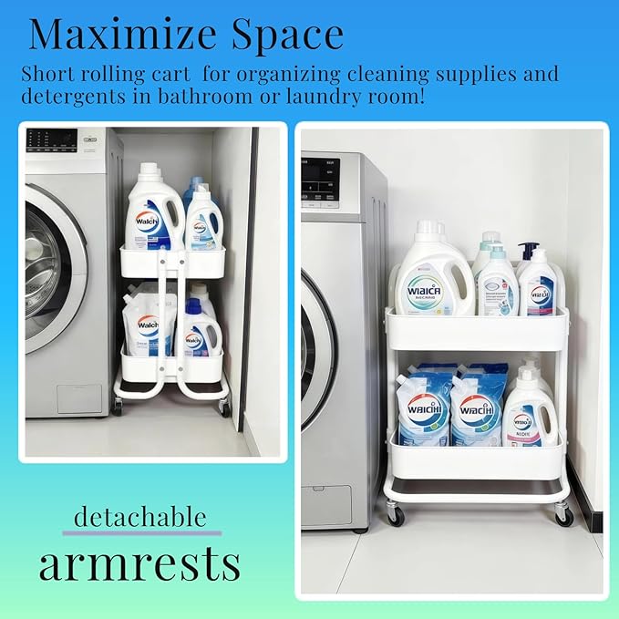 2 Tier Cart with Wheels Under Desk Storage with Handle, Metal Rolling Pantry Cart for Kitchen White Small Rolling Basket for Laundry Room Bathroom, Utility Shelf Organizer for Small Space