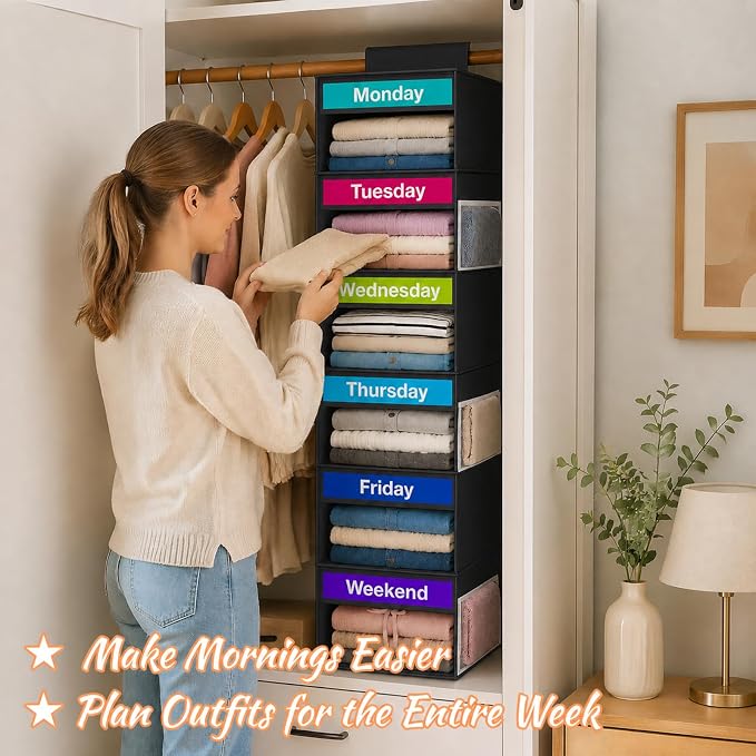 Weekly Clothes Organizer for Closet, 6-Shelf Hanging Closet Organizer - Image 6
